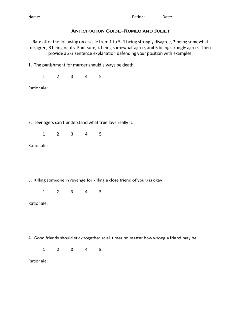 Anticipation Guide For Romeo And Juliet Anticipation Guide For Romeo And Juliet