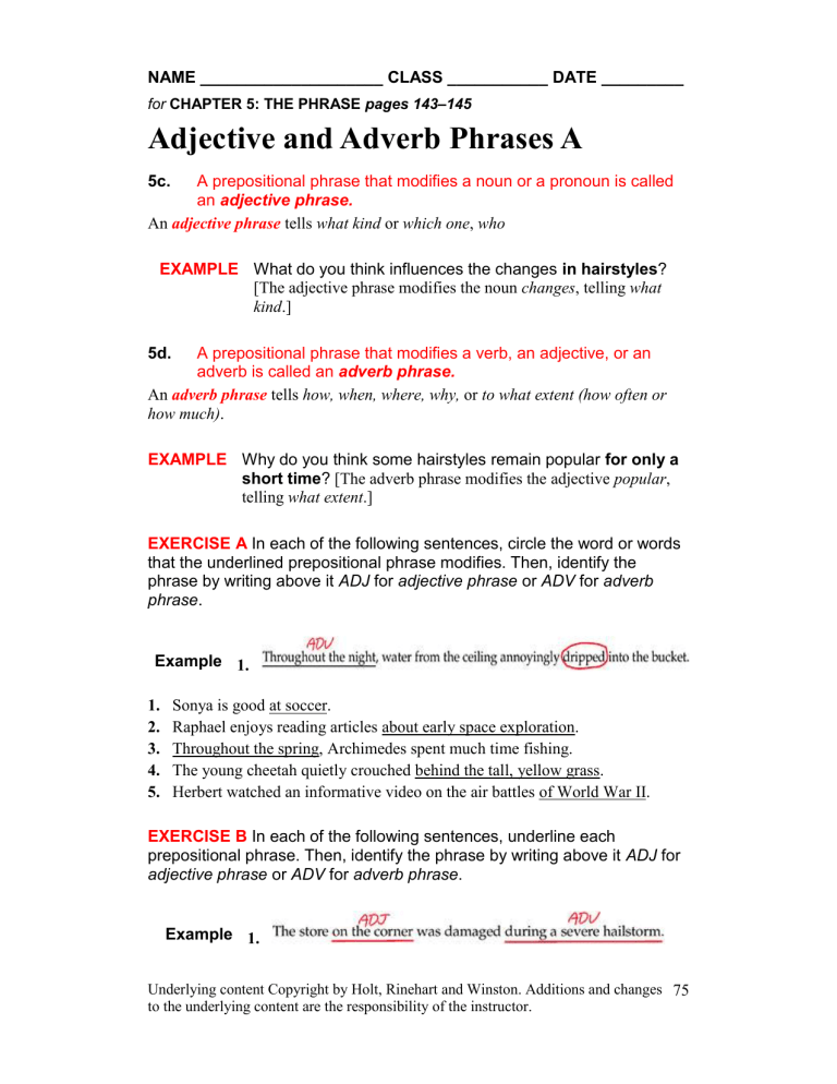 Adjectival And Adverbial Prepositional Phrases Worksheet