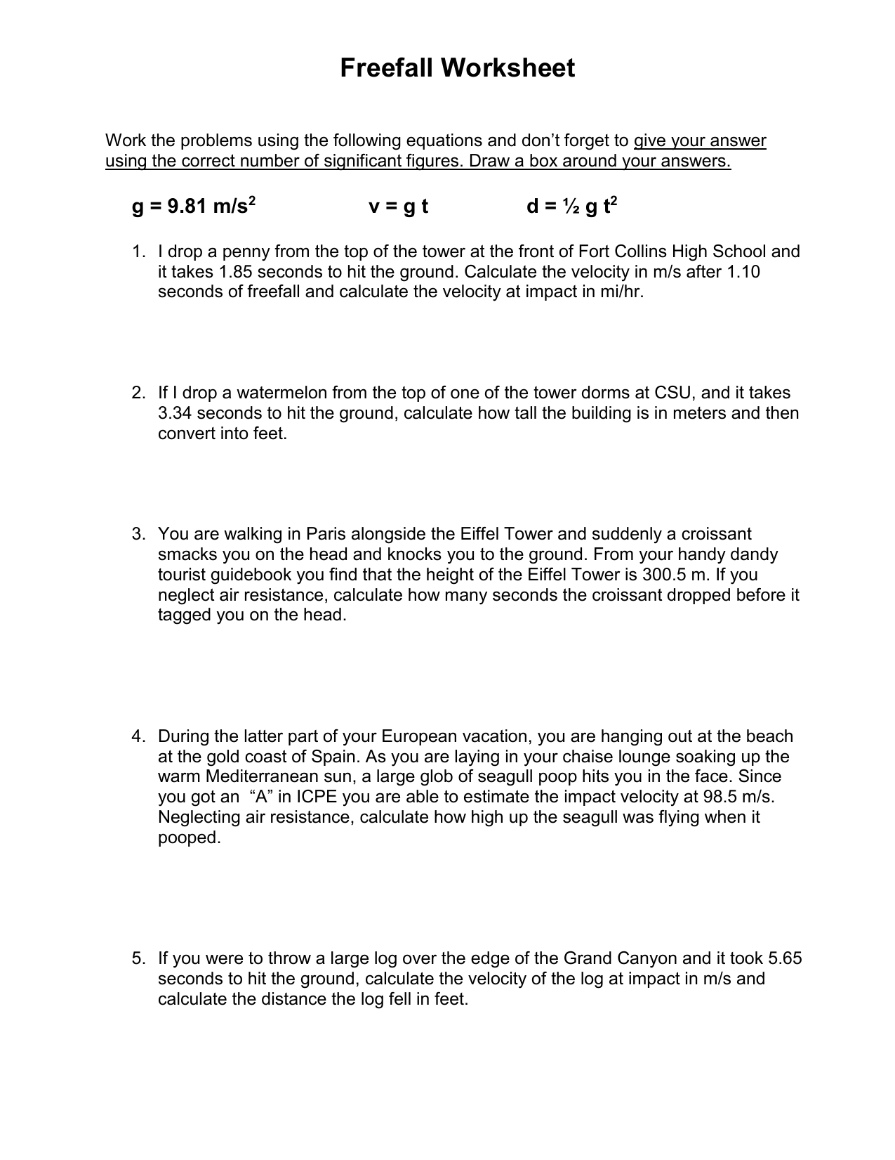Free Fall Problems Worksheet Answers