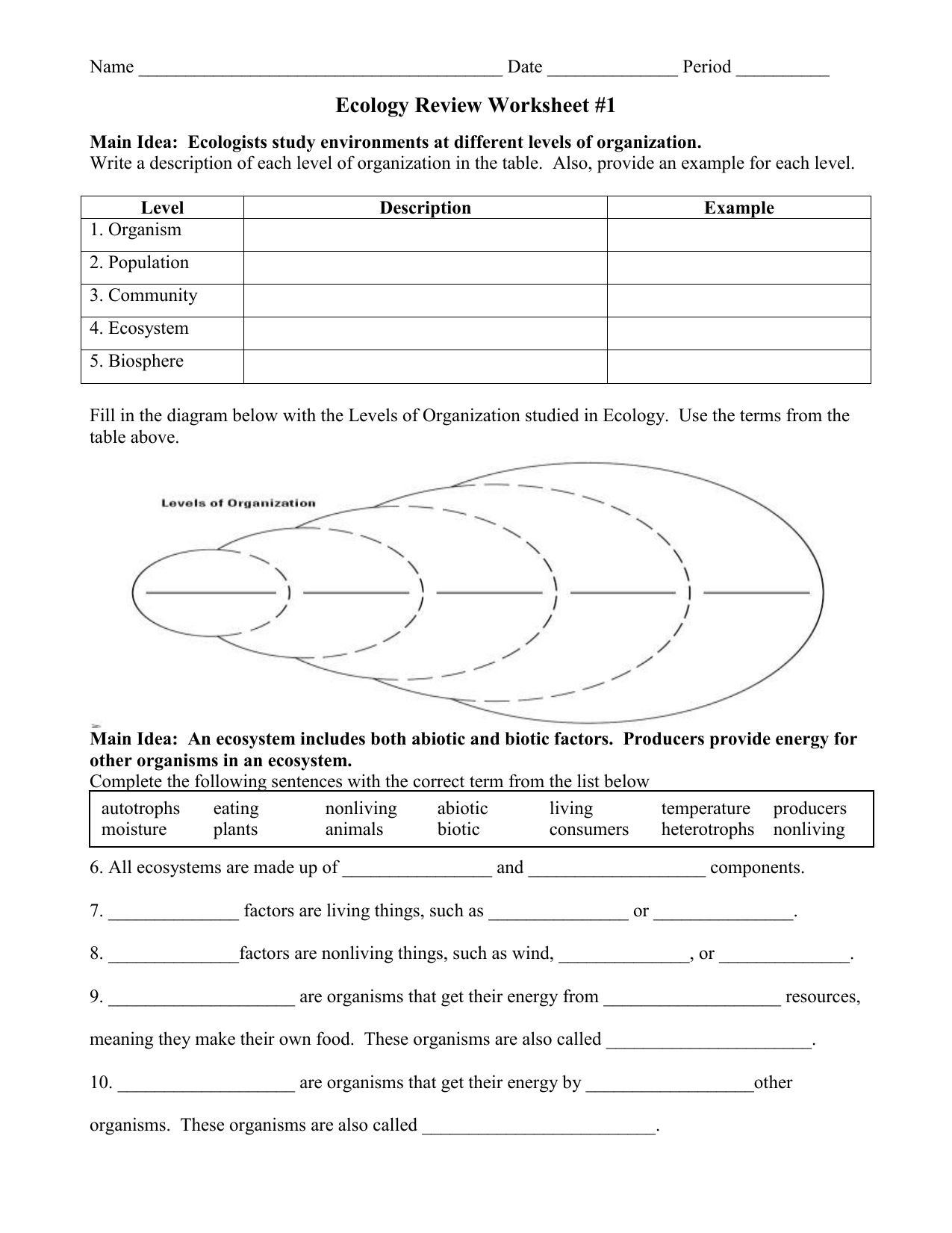 Ecology Review Worksheet 22 For Ecology Review Worksheet 1