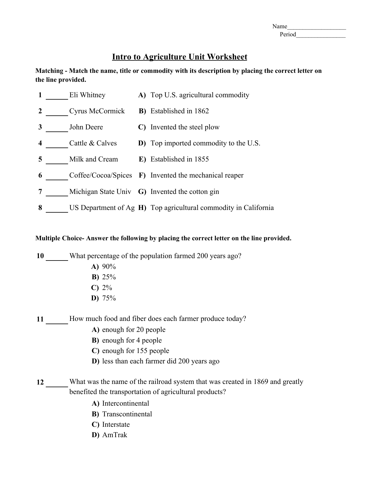 Intro To Agriculture Worksheet