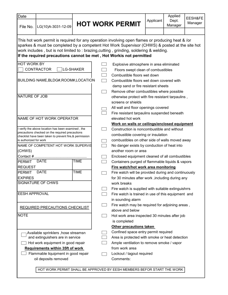 Hot Works Permit Template Free