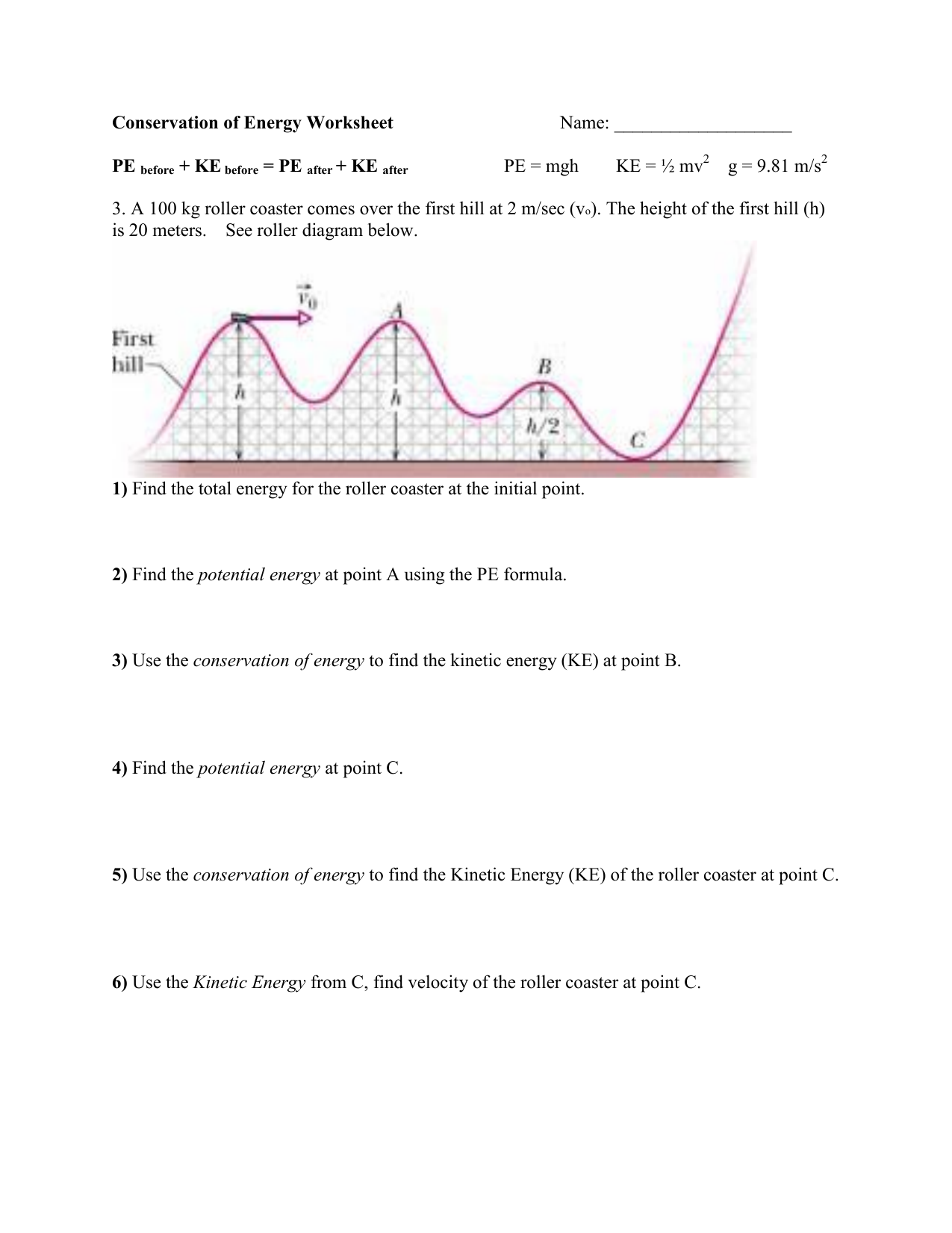 roller coaster diagram potential kinetic energy