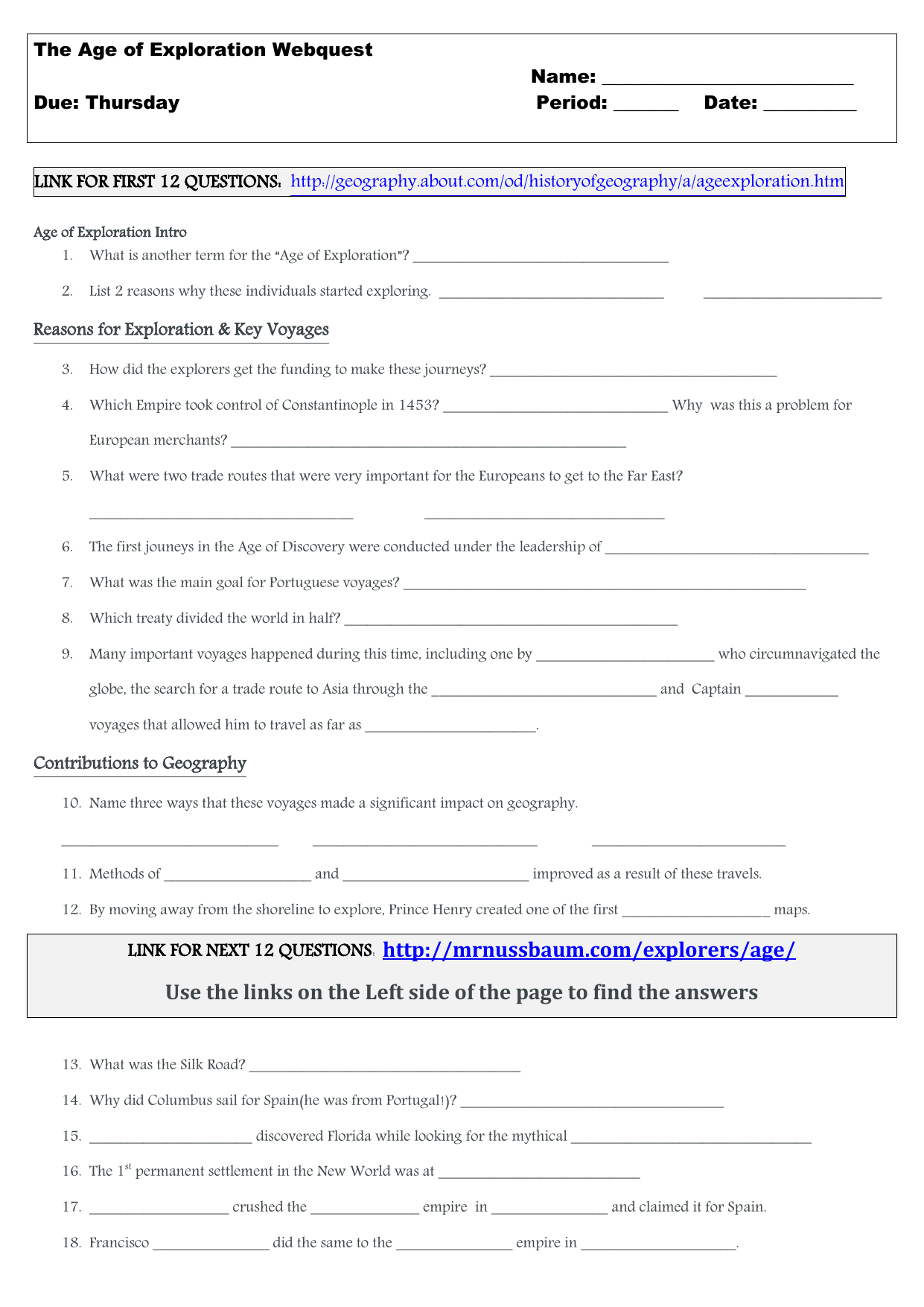 Age of exploration web quest With Age Of Exploration Worksheet