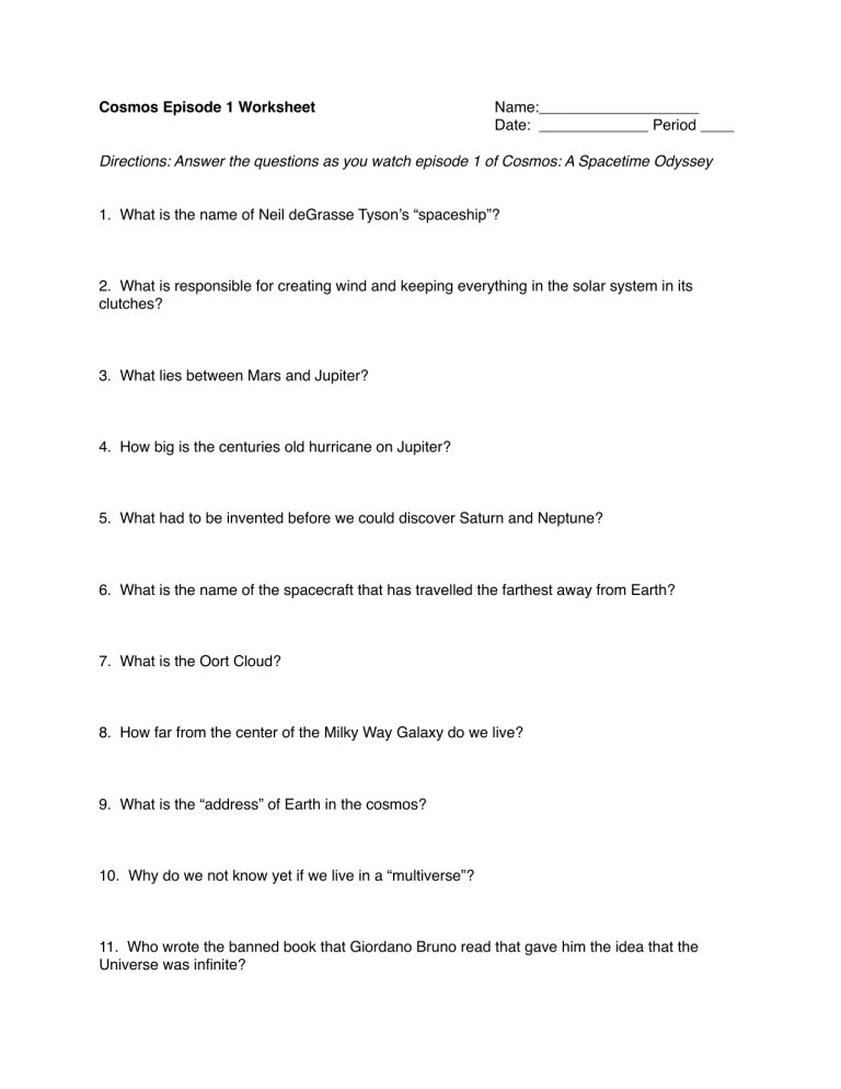 Cosmos Episode 1 Worksheet A Spacetime Odyssey