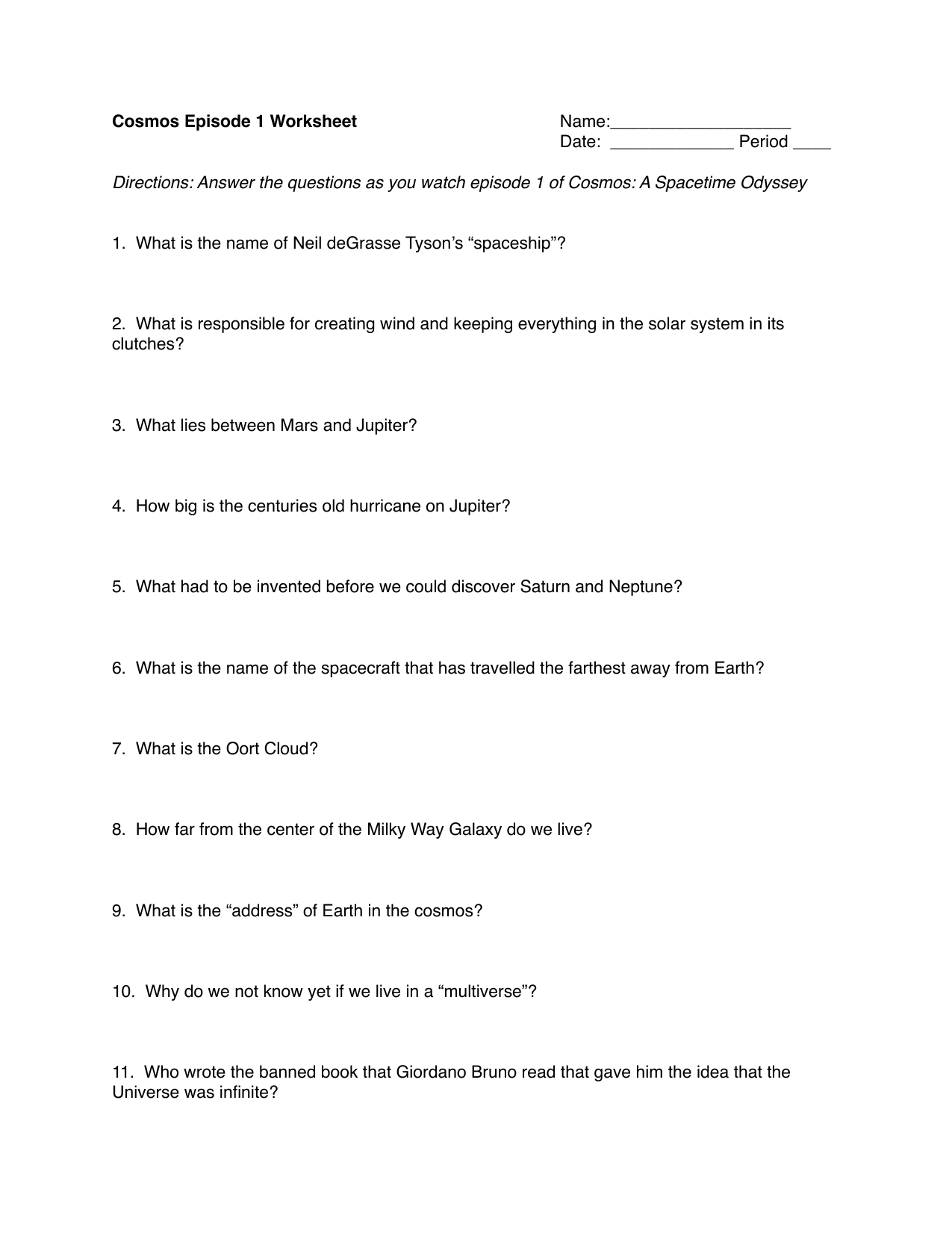 Cosmos Episode 11 Within Cosmos Episode 1 Worksheet Answers