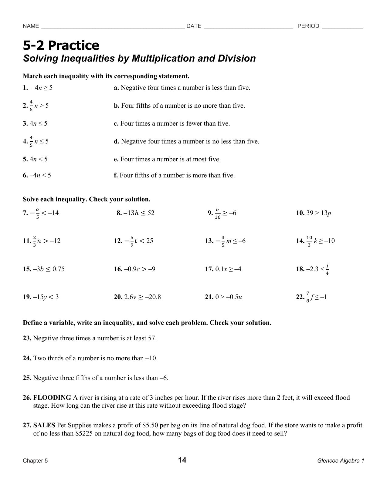 Practice Worksheet Solving Inequalities by Multiplication and Division Inside Algebra 1 Inequalities Worksheet