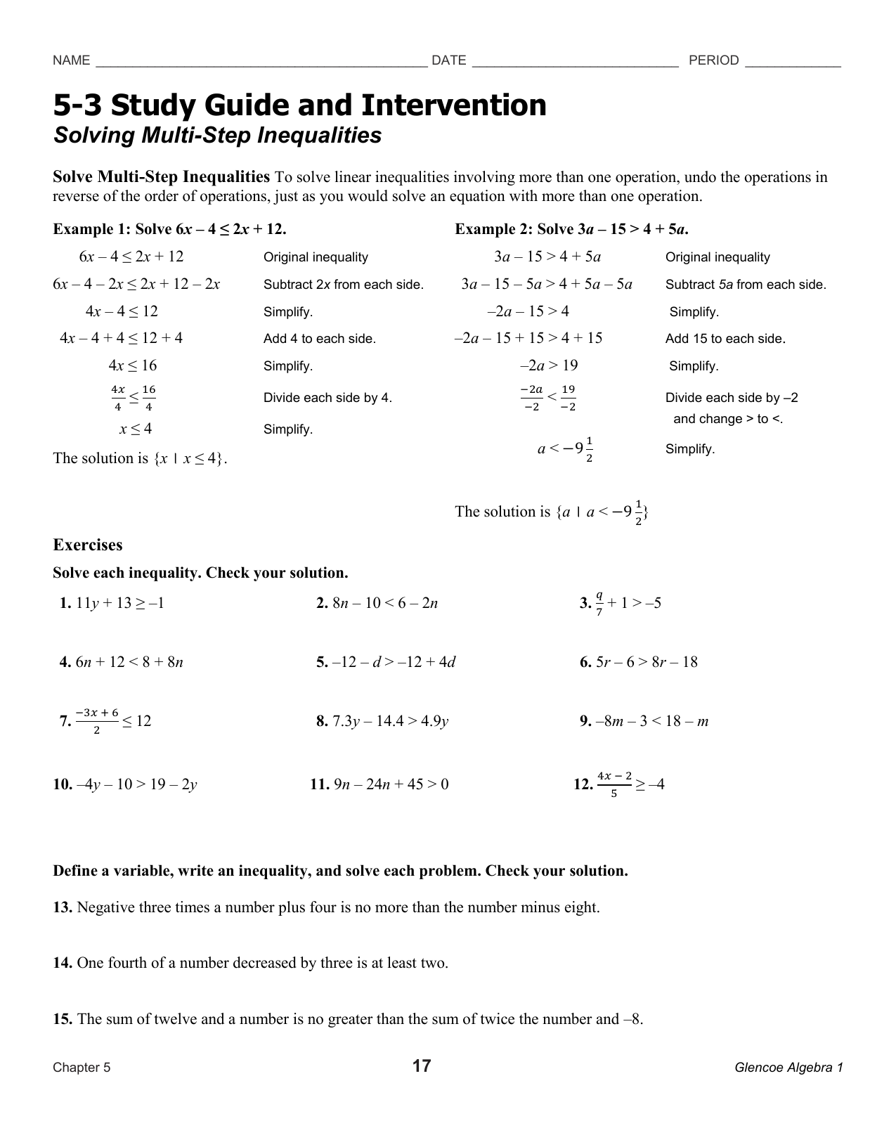 5 3 Study Guide And Intervention Solving Inequalities Answer Key 5 3 Study Guide And Intervention Solving Inequalities Answer Key