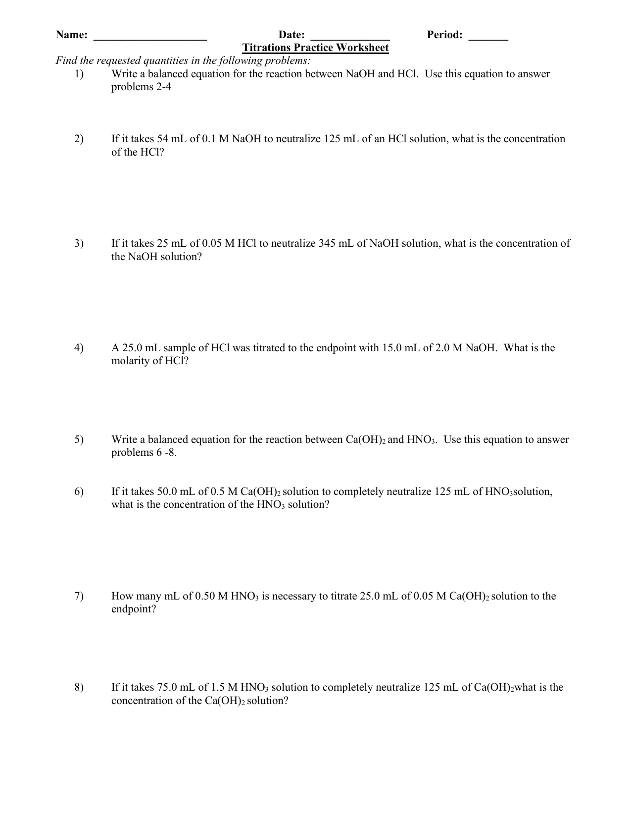 Titrations Practice Worksheet