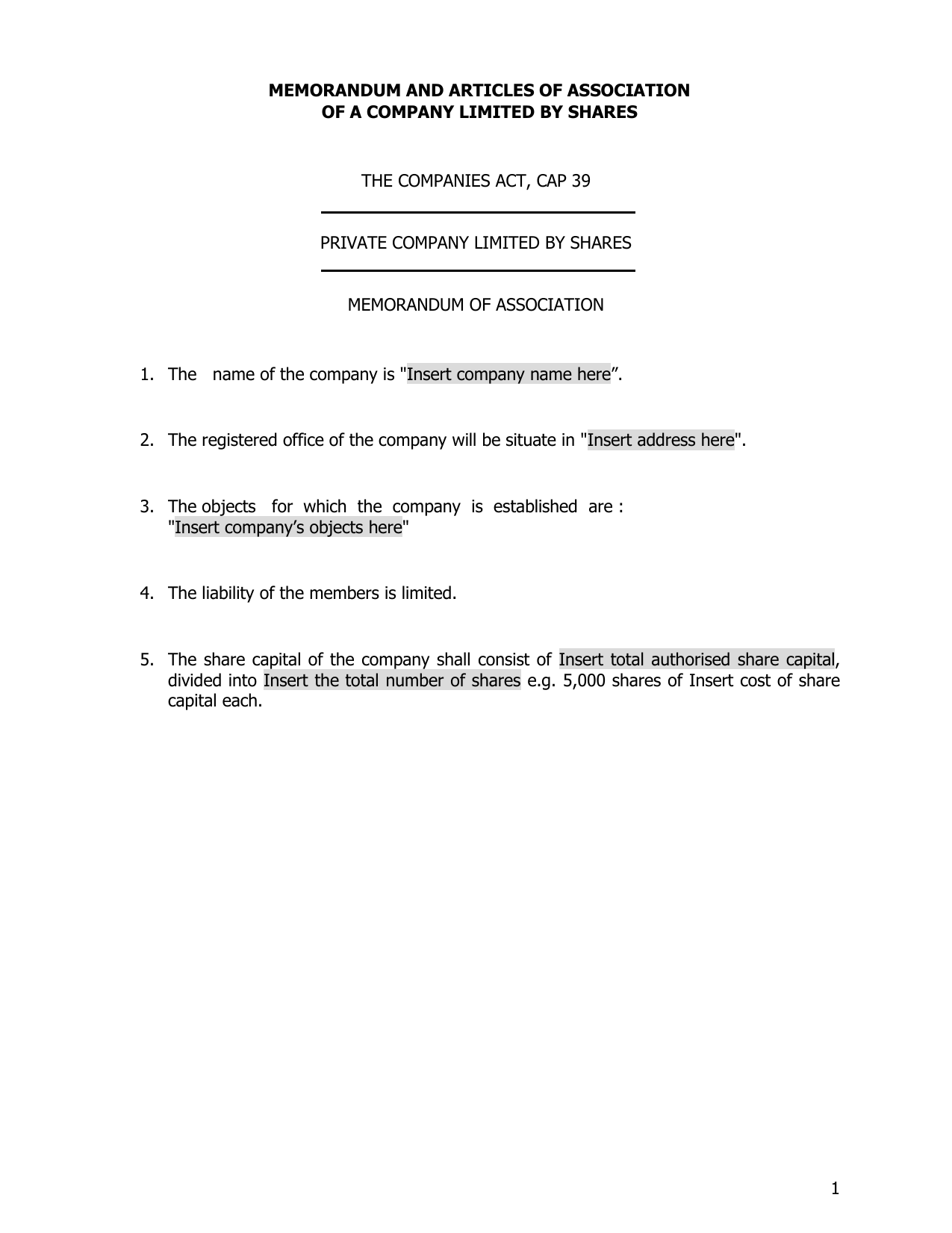 Template Memorandum And Articles Of Association Of A Company Limited By Shares