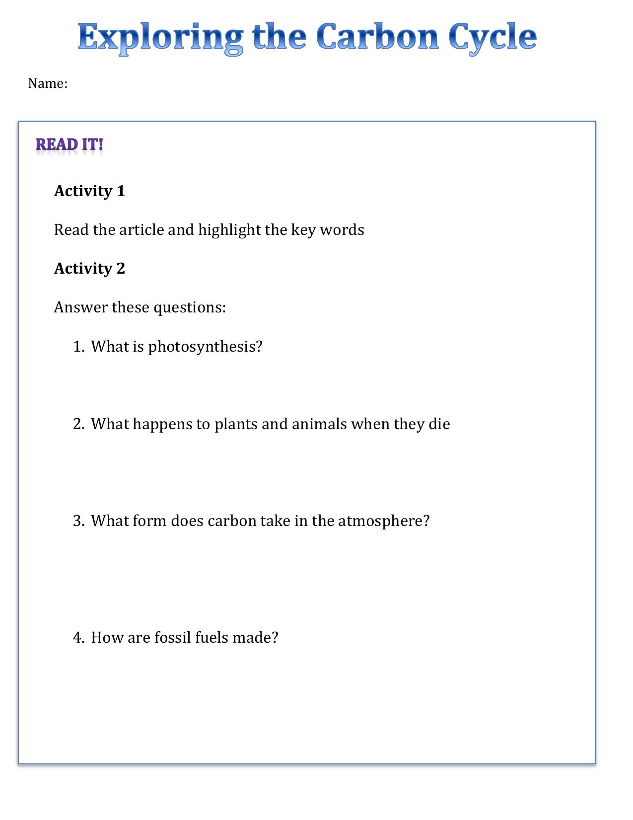 Lesson 24 - Carbon Cycle Work Booklet With Carbon Cycle Worksheet Answers
