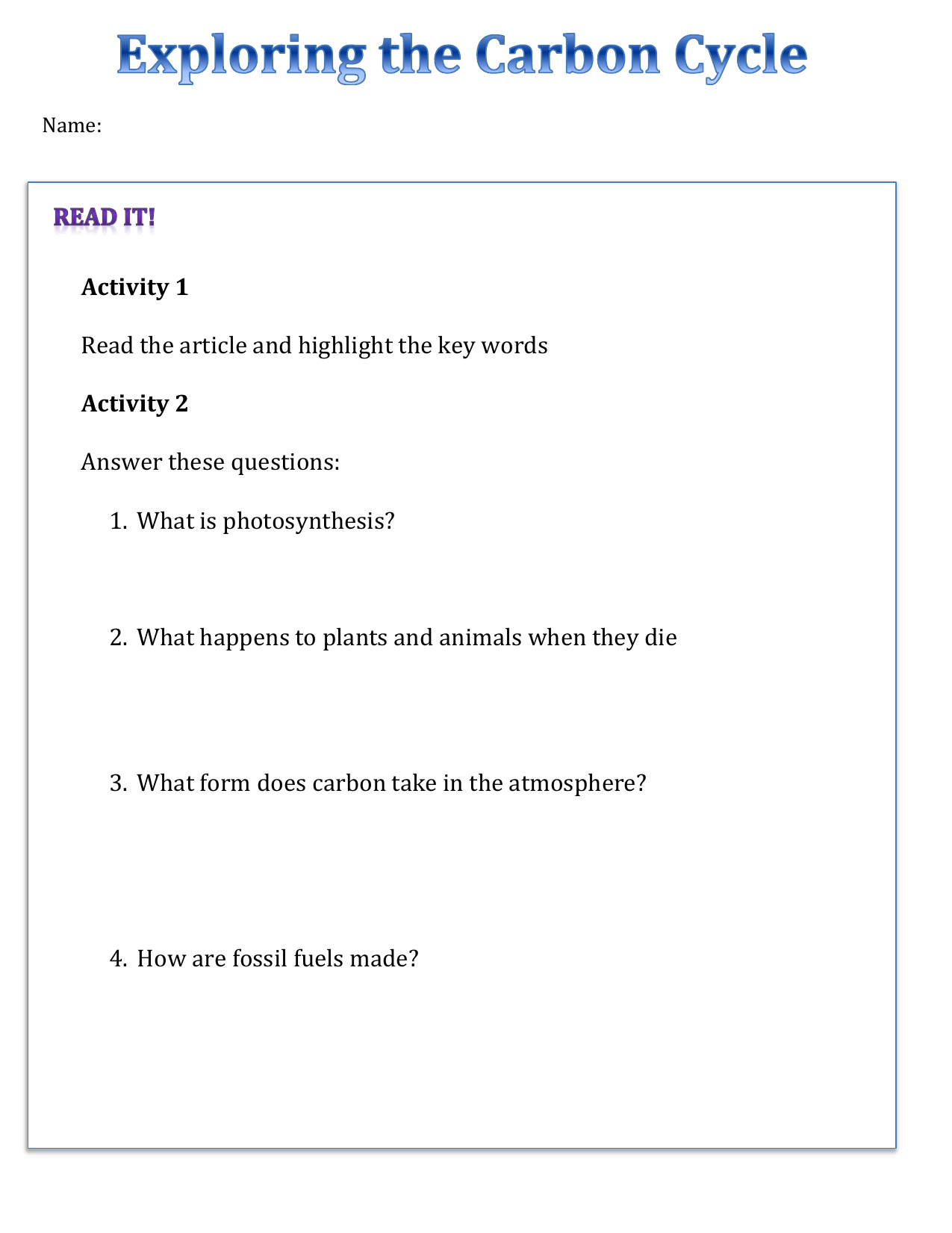 Lesson 25 - Carbon Cycle Work Booklet Throughout Cycles Worksheet Answer Key