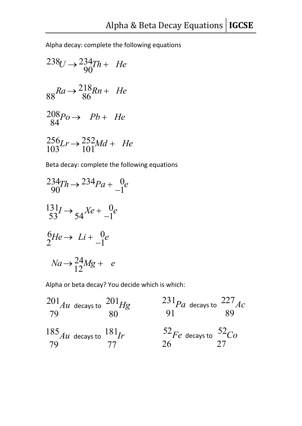 WS - Alpha & Beta Decay Equations y10 For Nuclear Decay Worksheet Answer Key