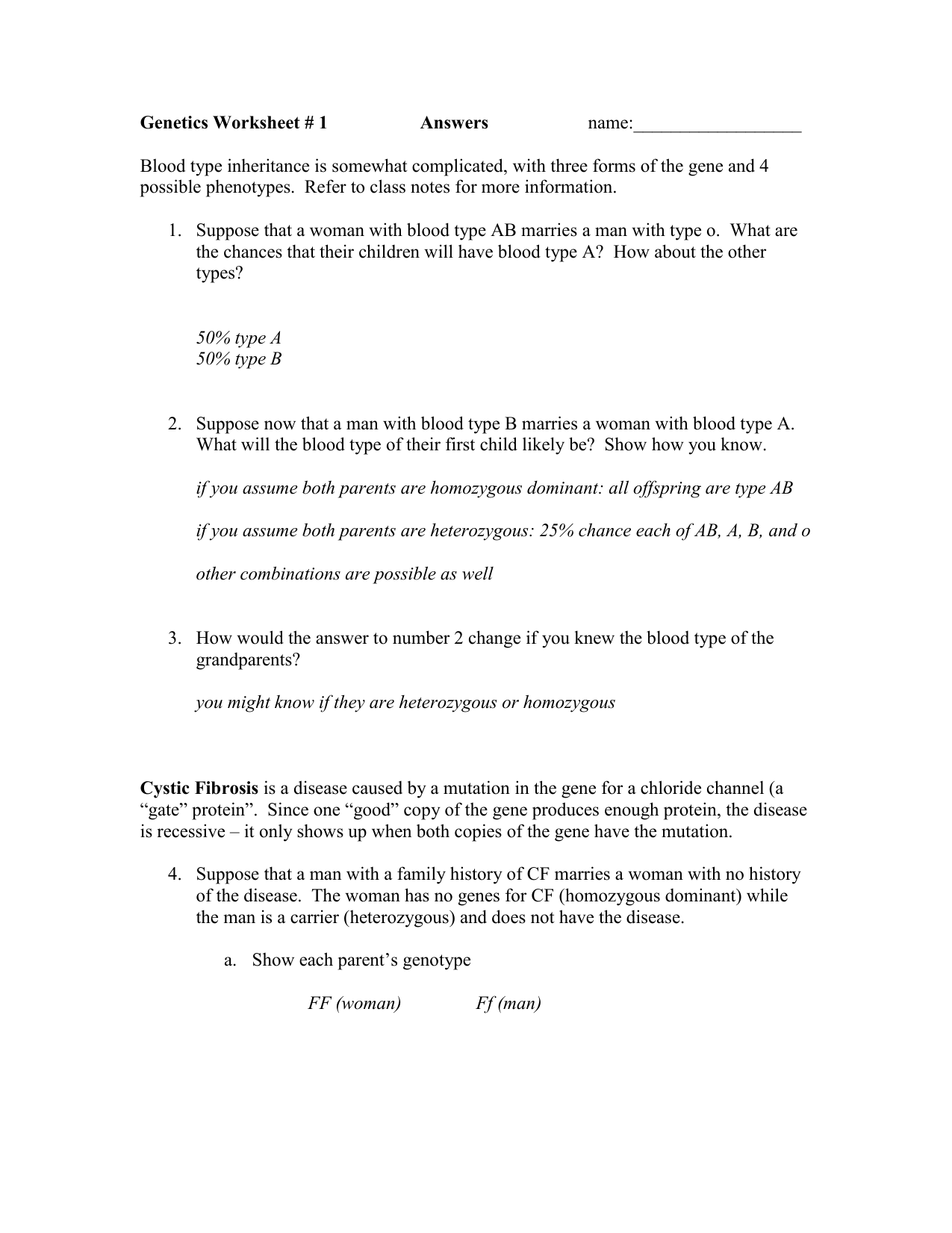 Genetics Worksheet answers For Blood Type And Inheritance Worksheet