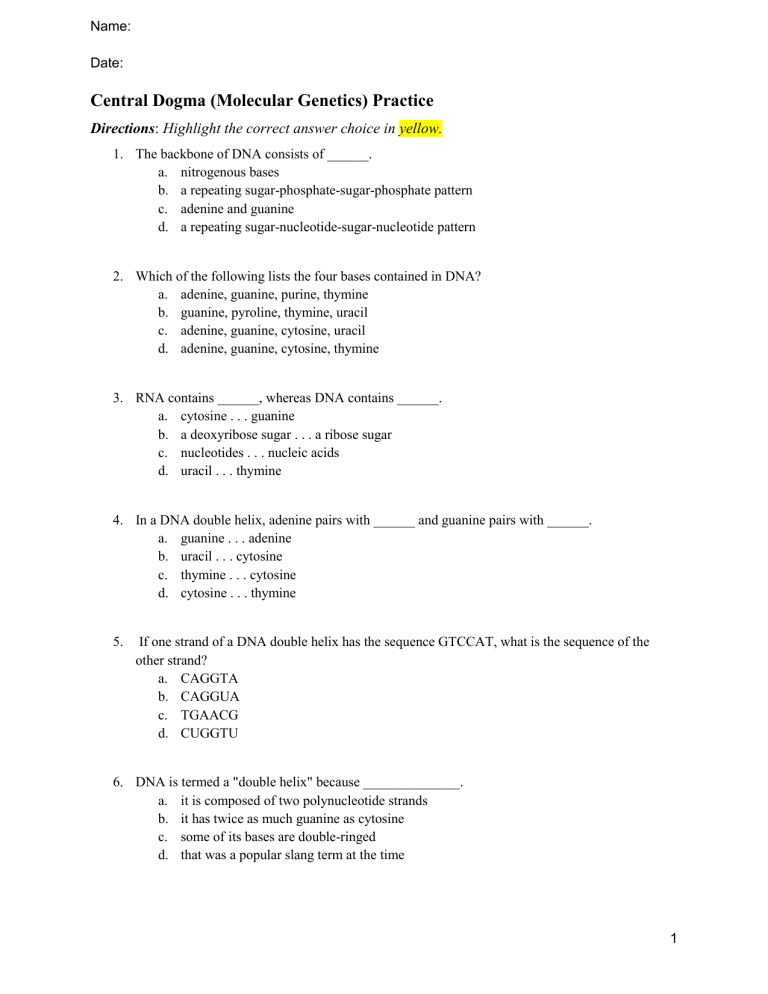 Central Dogma Practice Worksheet Answer Key Pdf