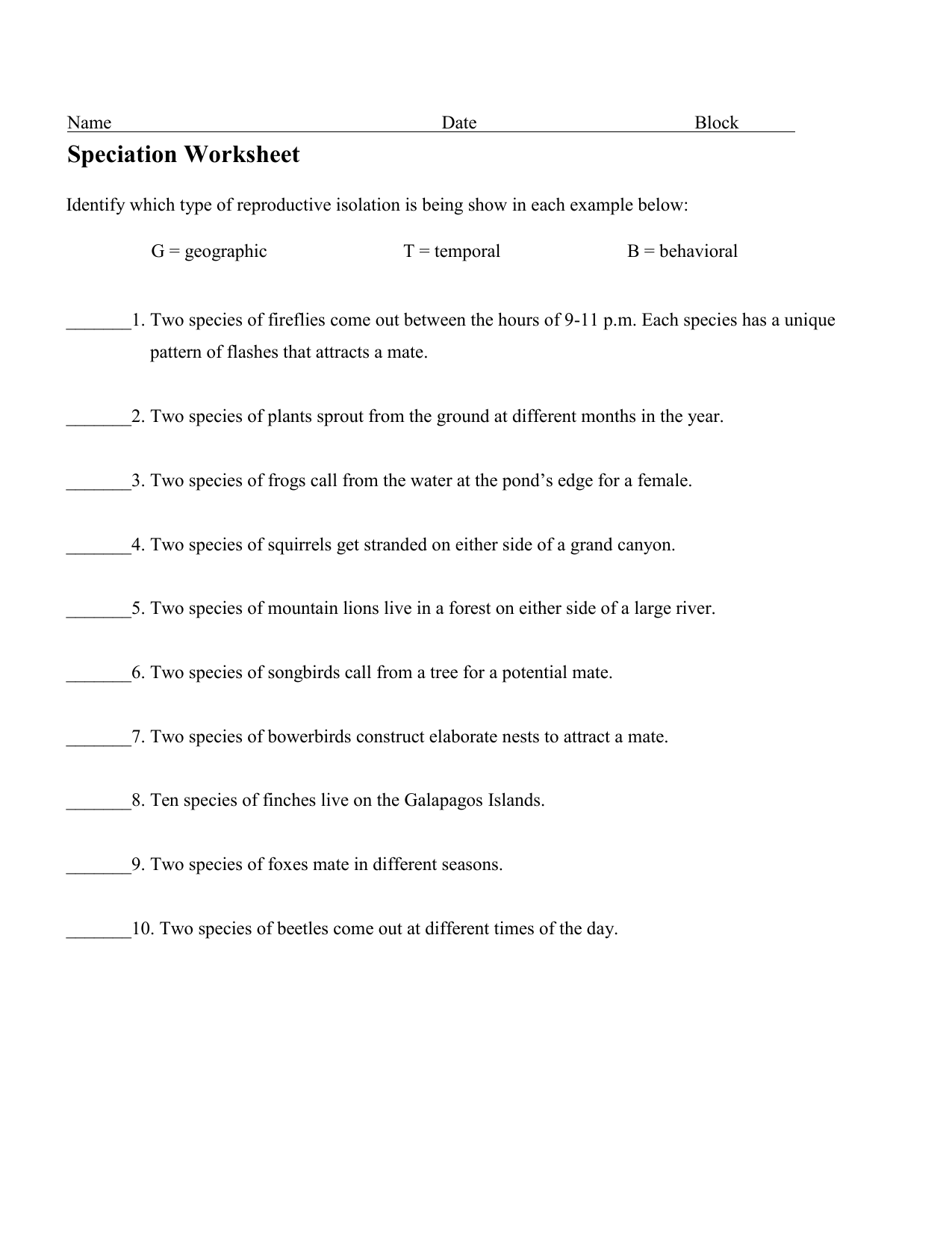 Speciation Worksheet Answers