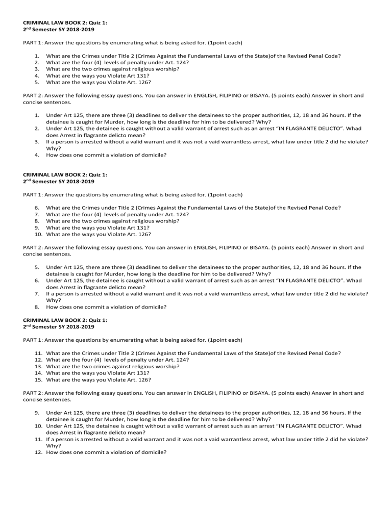 Criminal Law Quiz Crimes Against The State