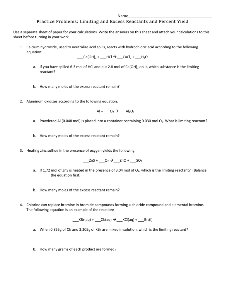 Limiting Reactant and percent yield worksheet s