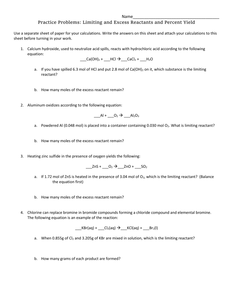 Limiting Reactant And Percent Yield Worksheet s