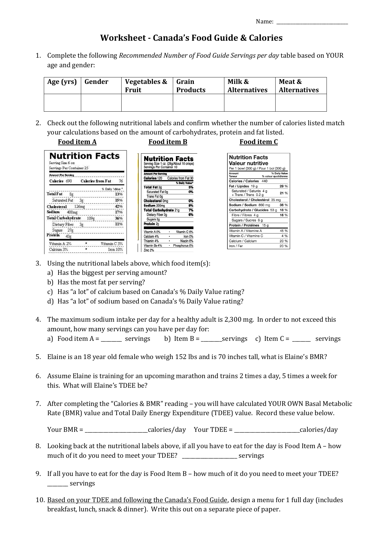 Worksheet - Food Guide & Calories Pertaining To Nutrition Label Worksheet Answers