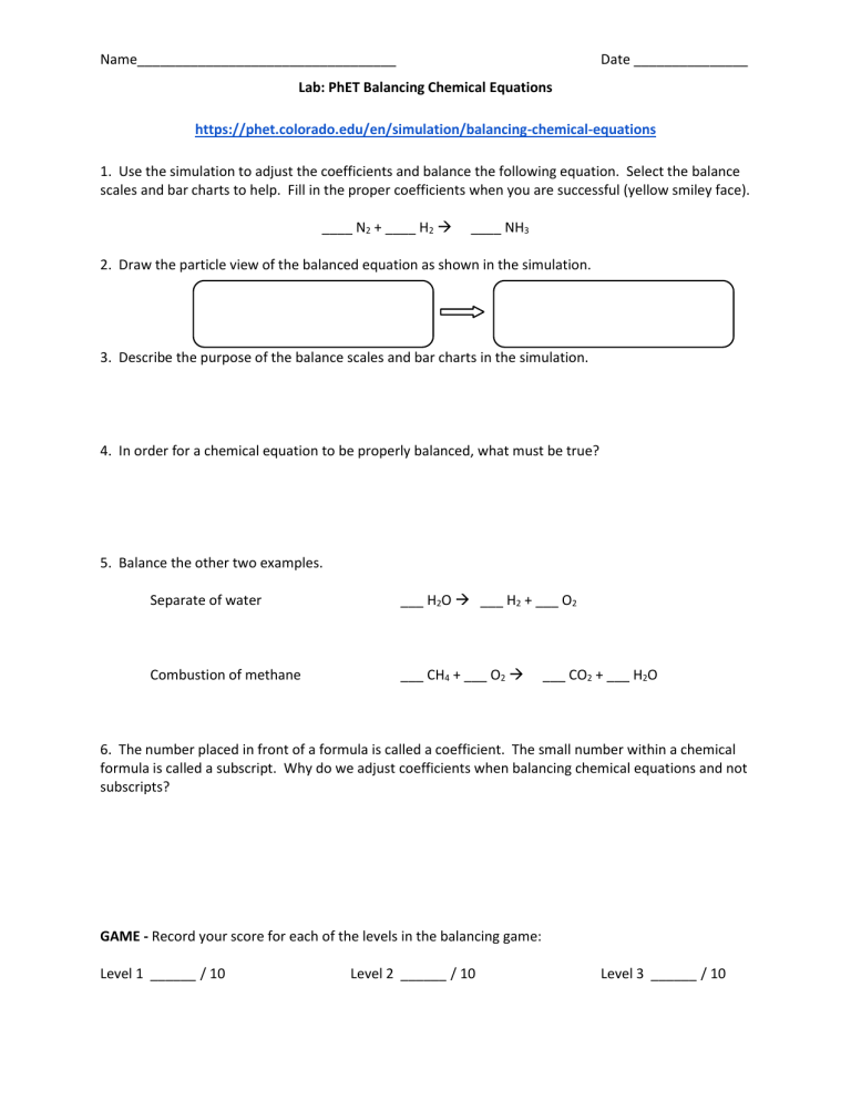 Lab PhET Balancing Chemical Equations