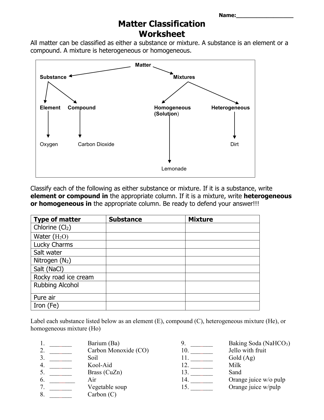 Matter Classification Worksheet