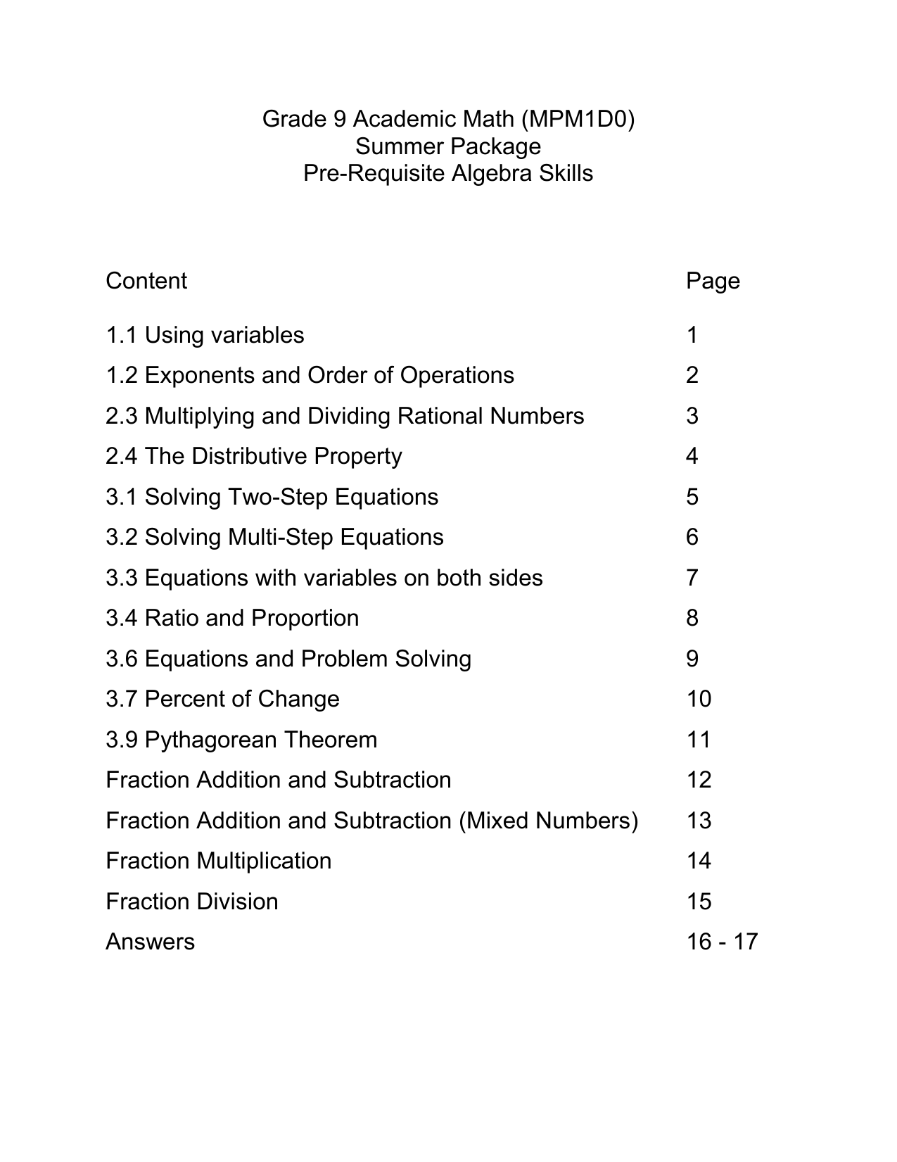 Algebra Skills For Grade 9