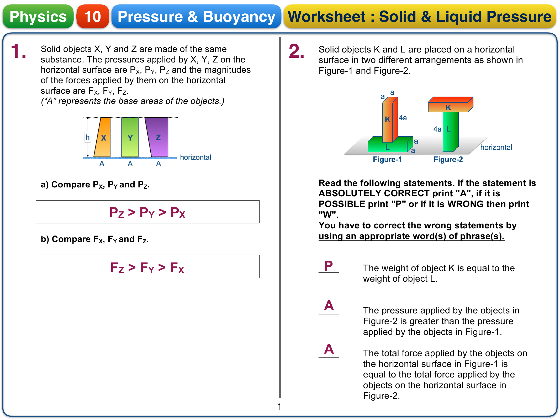 Pressure worksheet Answer key 1