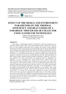 EFFECT OF THE DESIGN AND ENVIRONMENT PARAMETERS ON THE THERMAL EFFICIENCY AND HEAT LOSSES OF A PARABOLIC TROUGH SOLAR COLLECTOR USING NANOFLUID TECHNOLOGY 