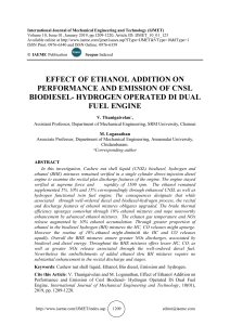 EFFECT OF ETHANOL ADDITION ON PERFORMANCE AND EMISSION OF CNSL BIODIESEL- HYDROGEN OPERATED DI DUAL FUEL ENGINE