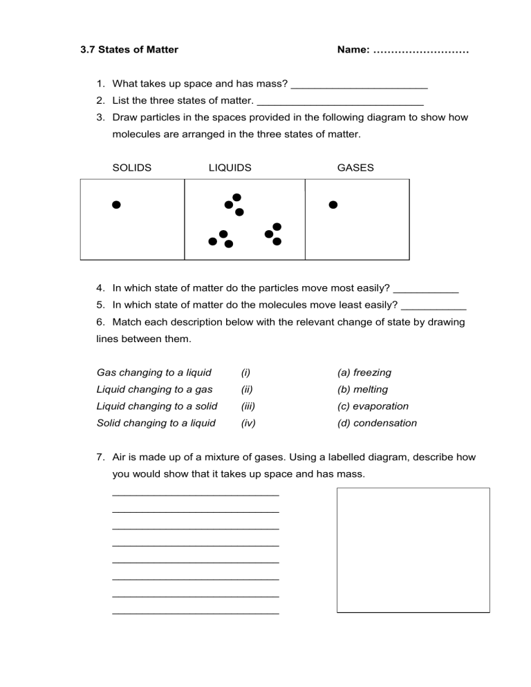 3 7 States Of Matter Worksheet