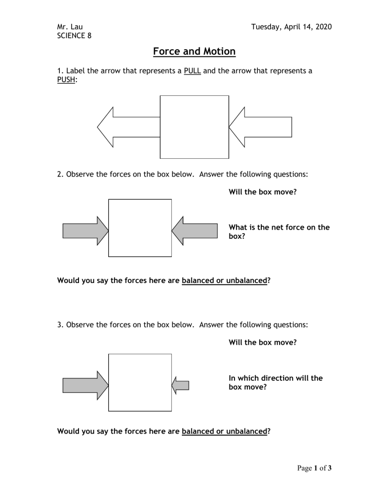 Force And Motion Worksheet