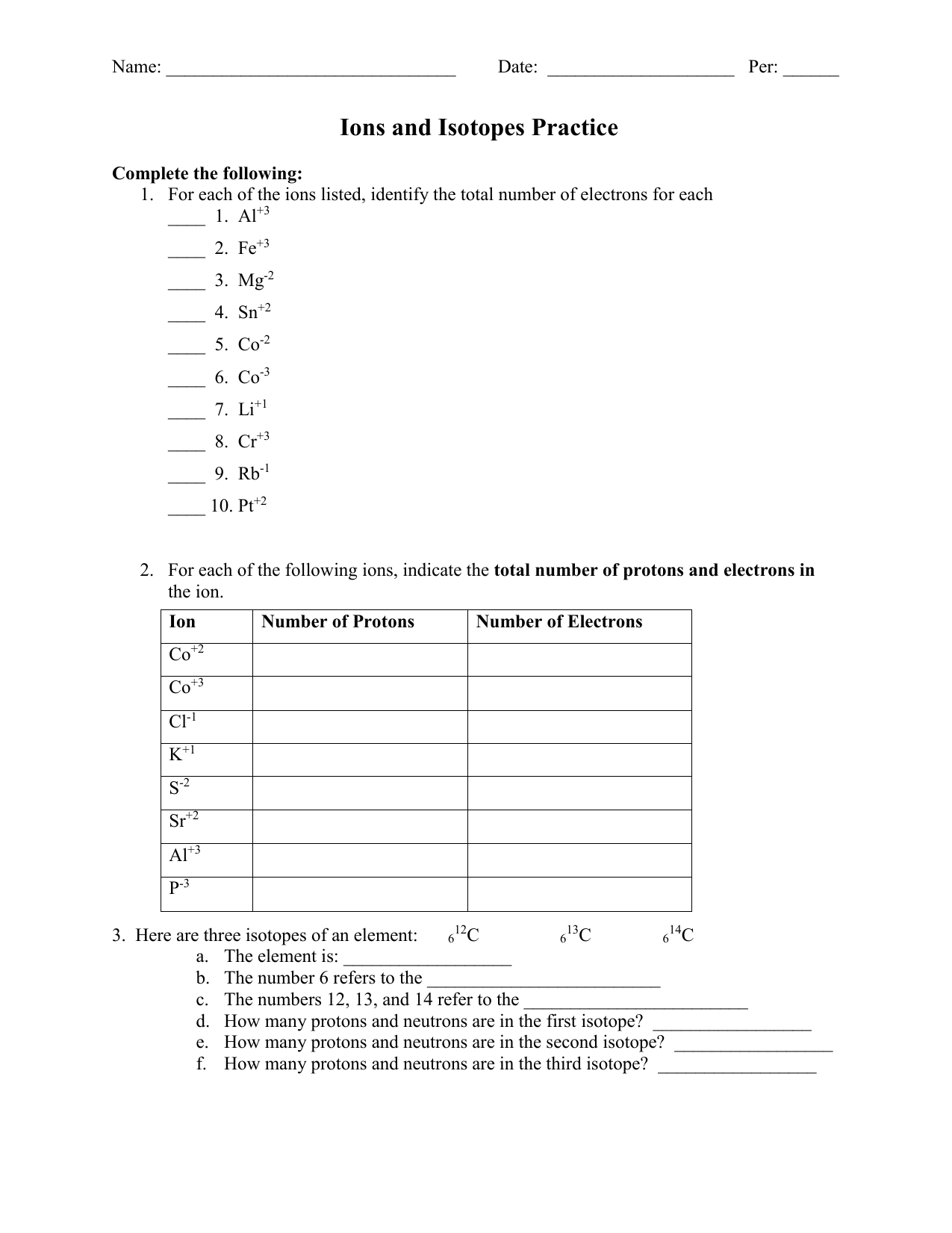 Ions and Isotopes Practice Throughout Isotope Practice Worksheet Answer Key