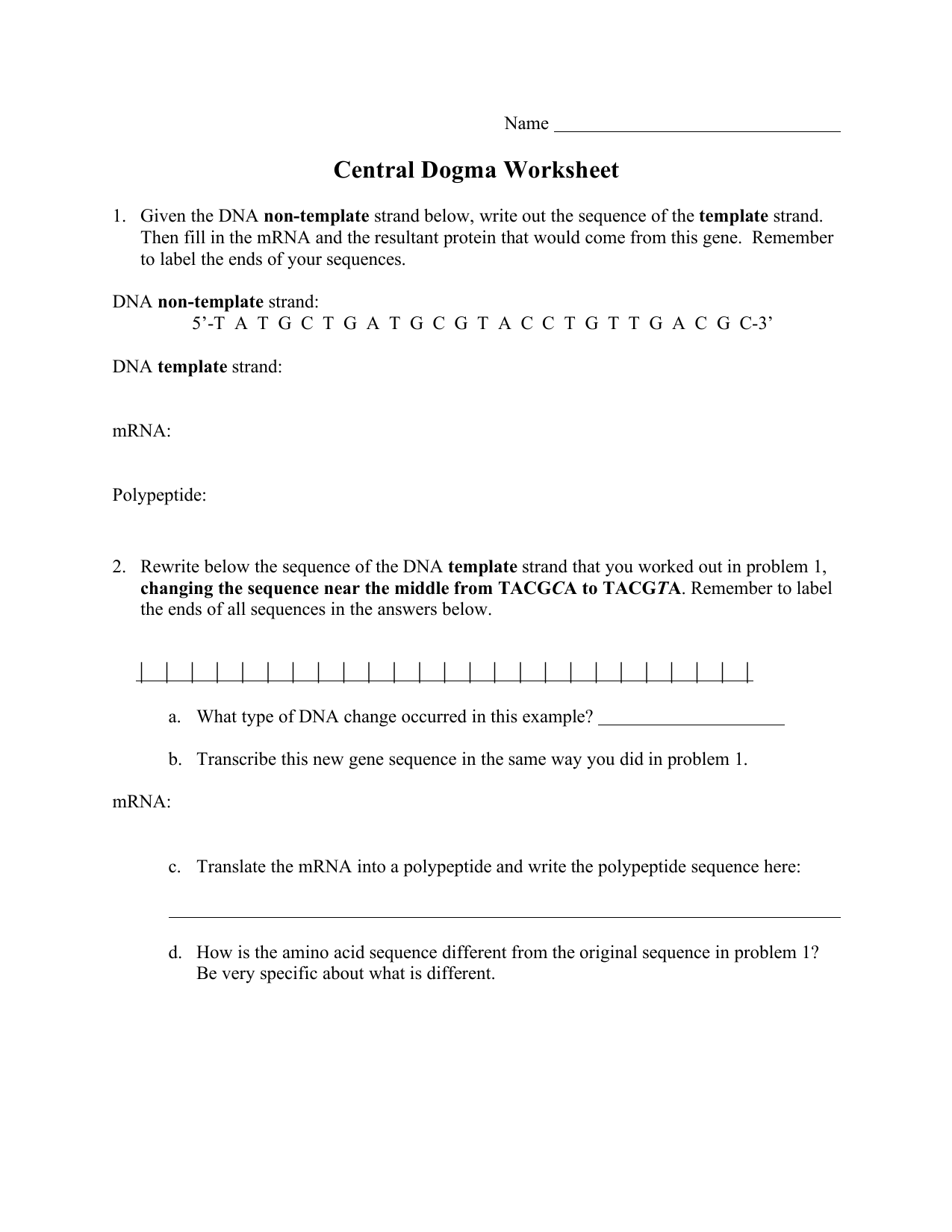 Central Dogma Worksheet