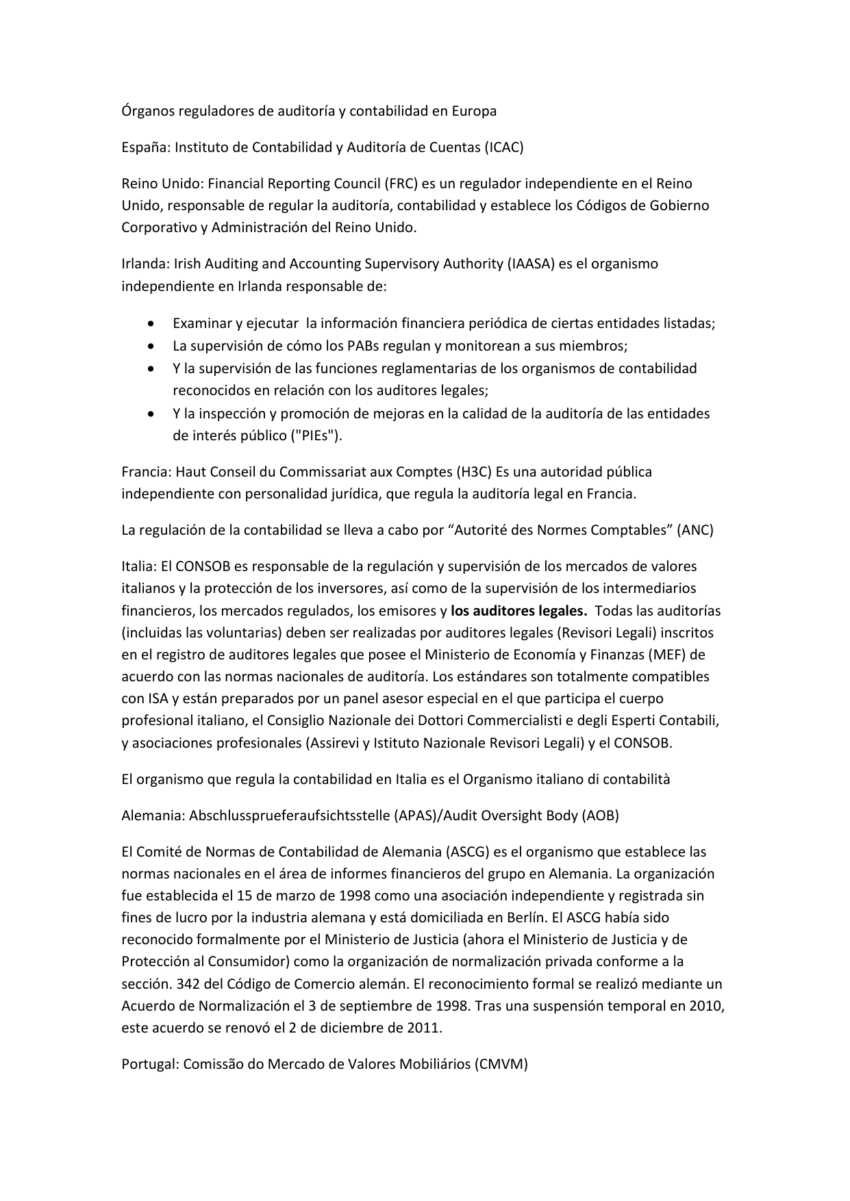 Organos Reguladores De Auditoria Y Contabilidad En Europa