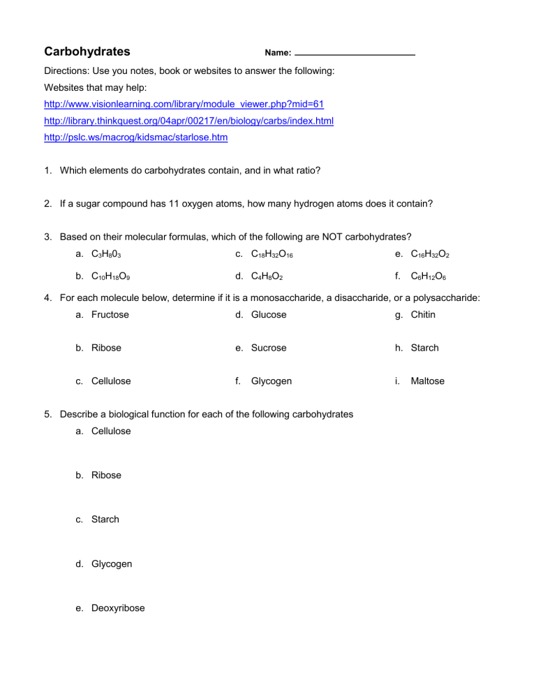 Carbohydrates Worksheet