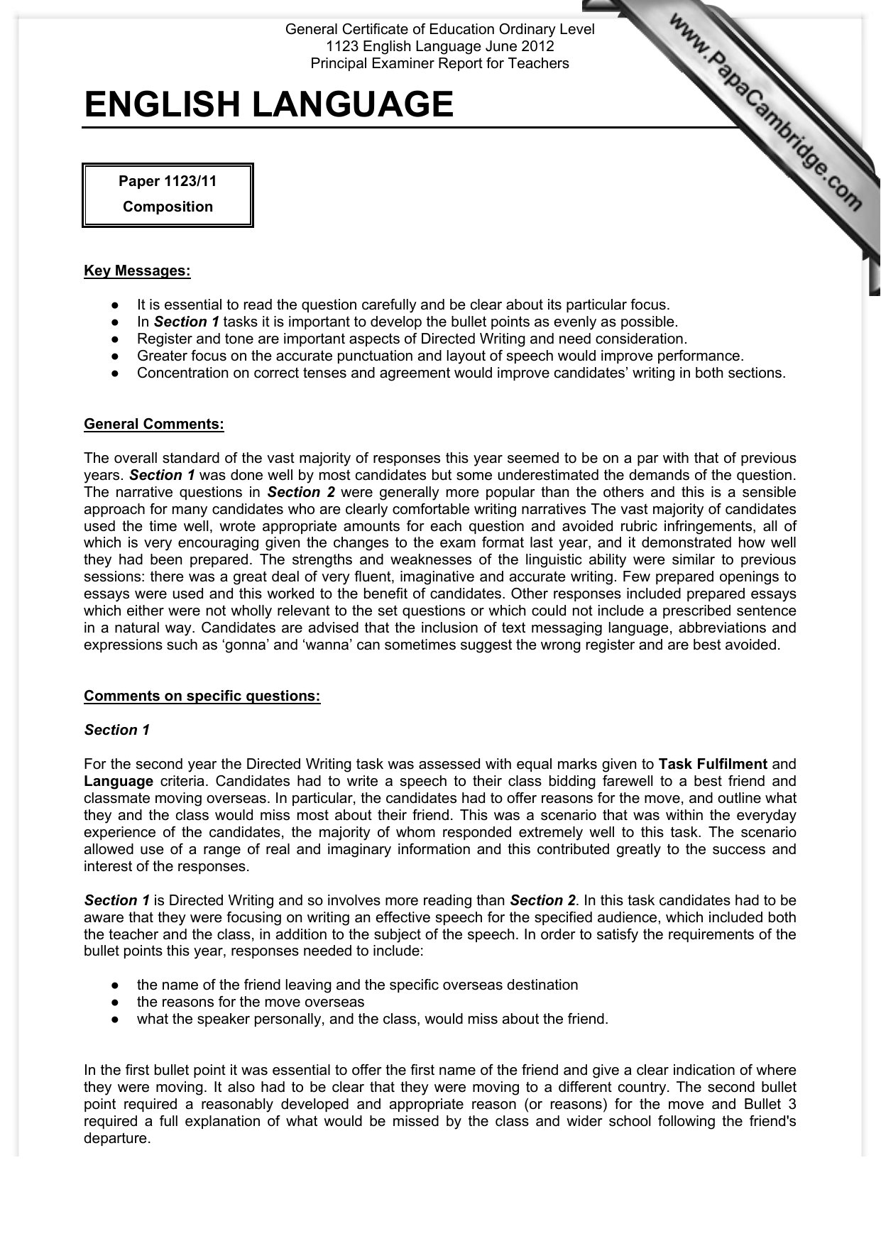 O levels English Past Paper 1123 s12 Examiners report