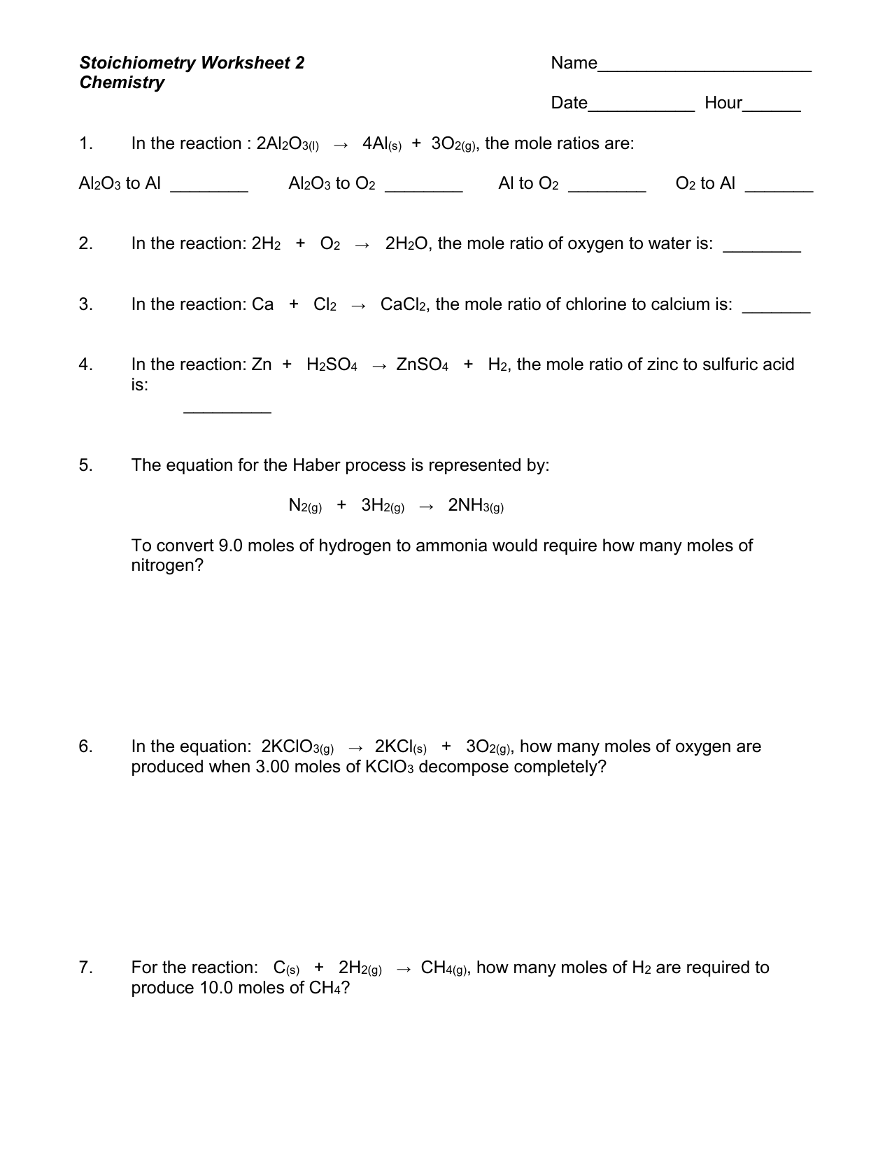 Stoichiometry Worksheet Printable