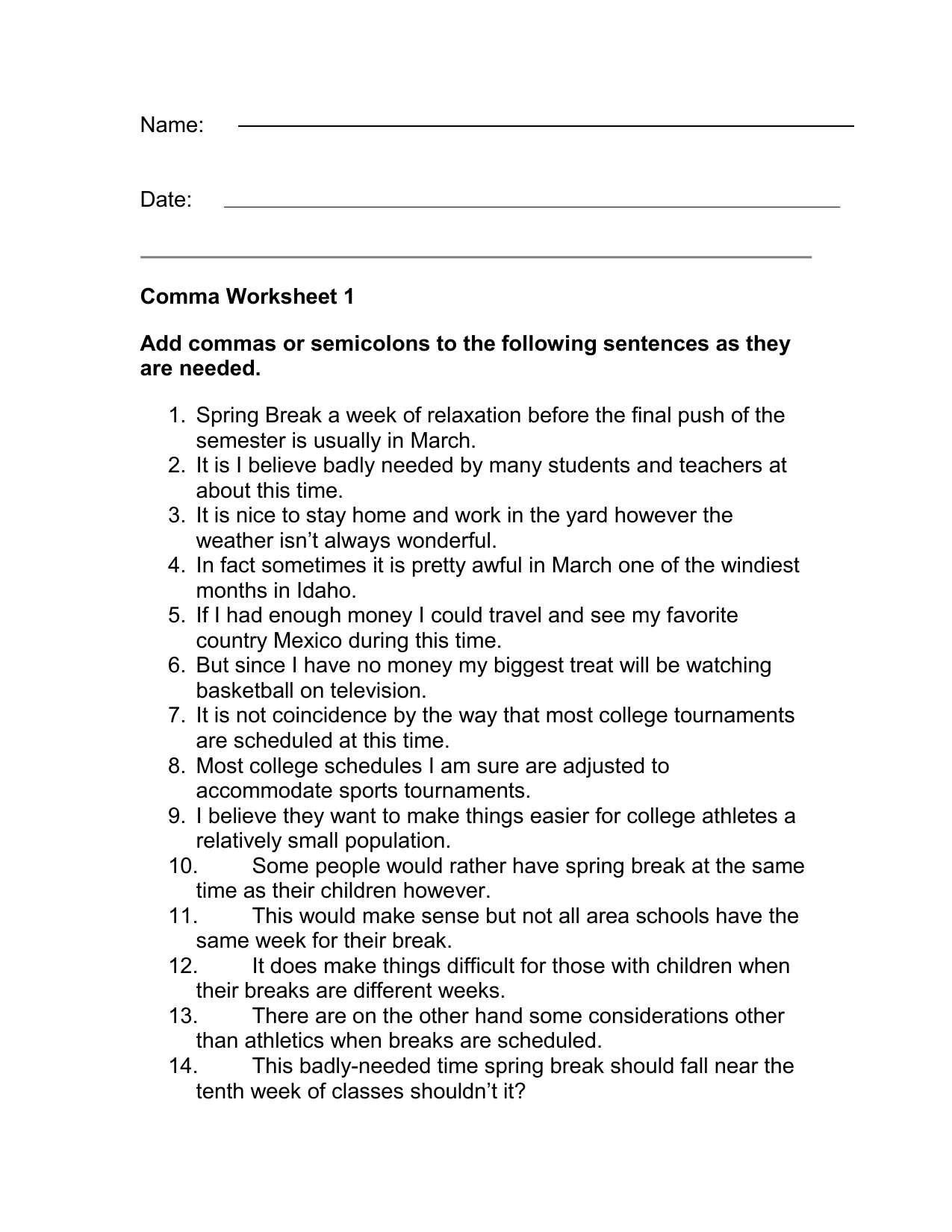 Worksheet Comma Explanatory Phrase