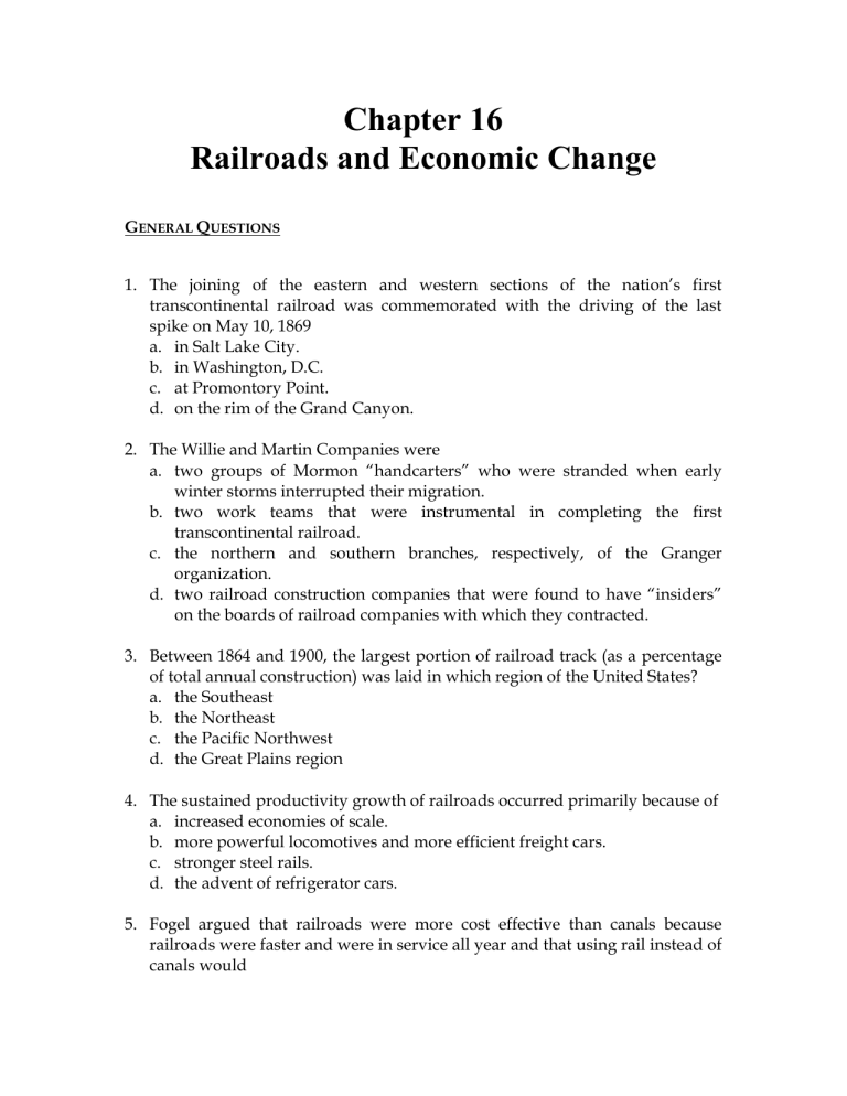 Railroads & Economic Change Practice Exam
