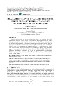 READABILITY LEVEL OF ARABIC TEXTS FOR UPPER PRIMARY PUPILS AT AL-AMIN ISLAMIC PRIMARY SCHOOL (SRI) 