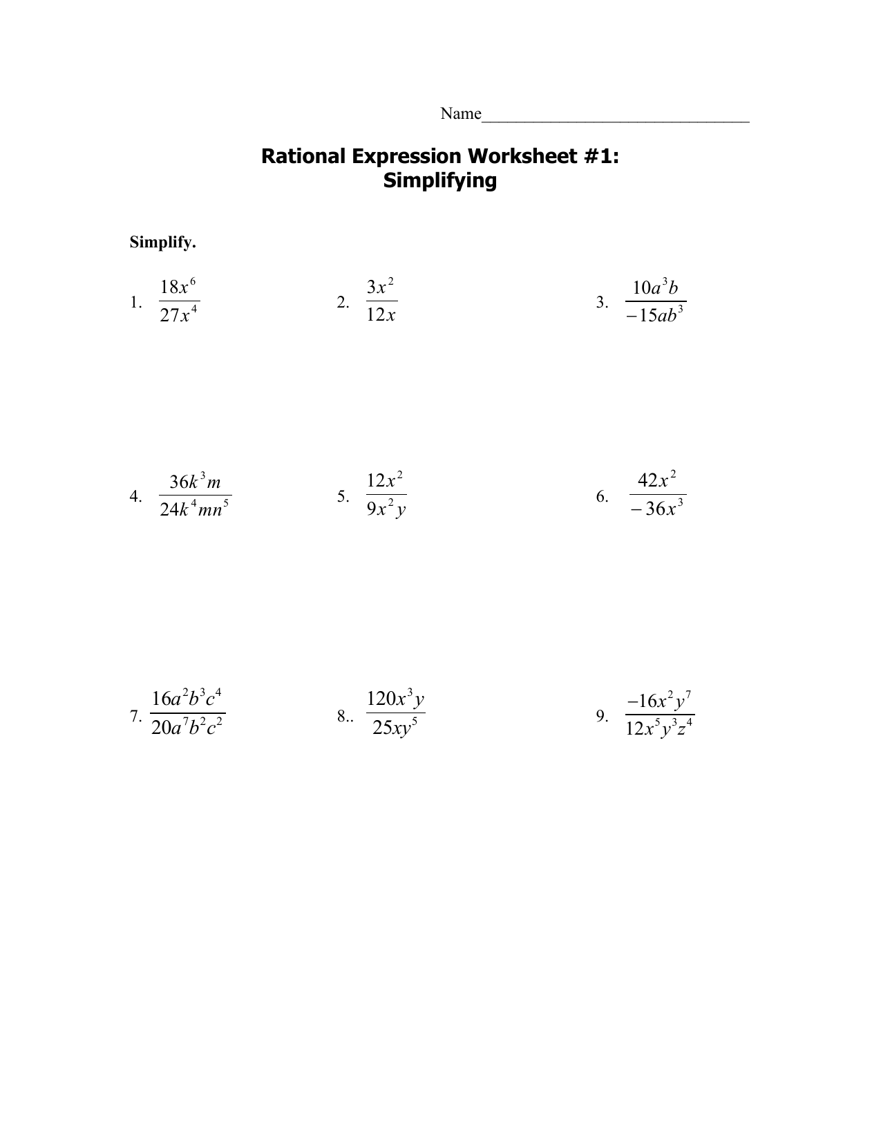 Multiplying Rational Expressions Worksheet