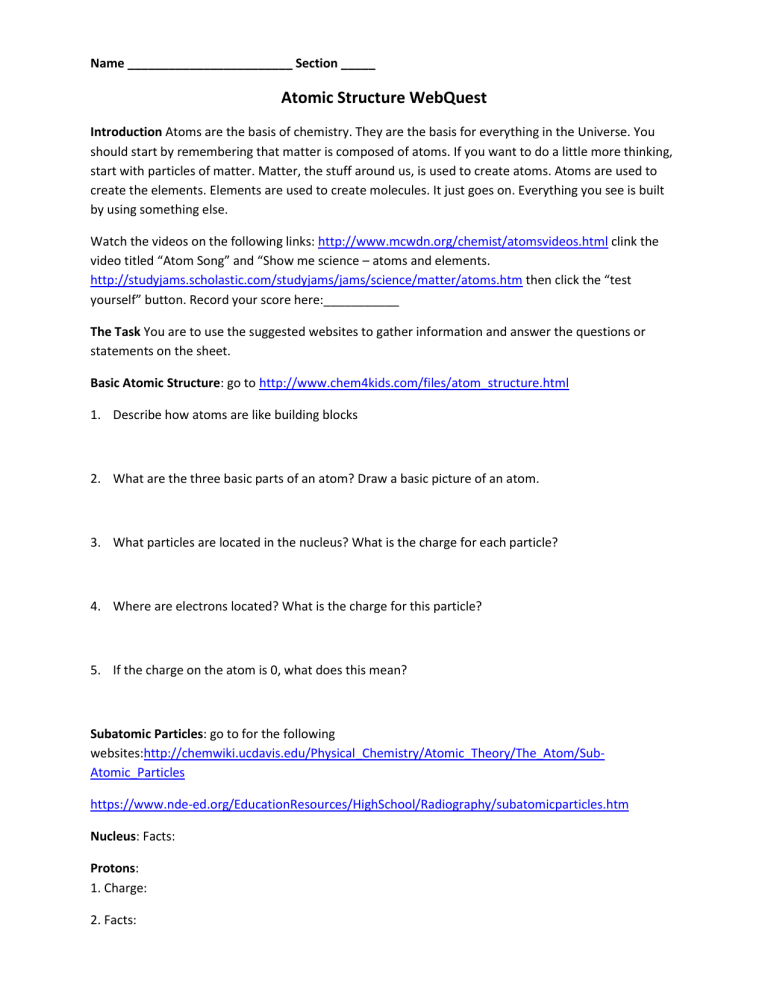 Atomic Structure WebQuest