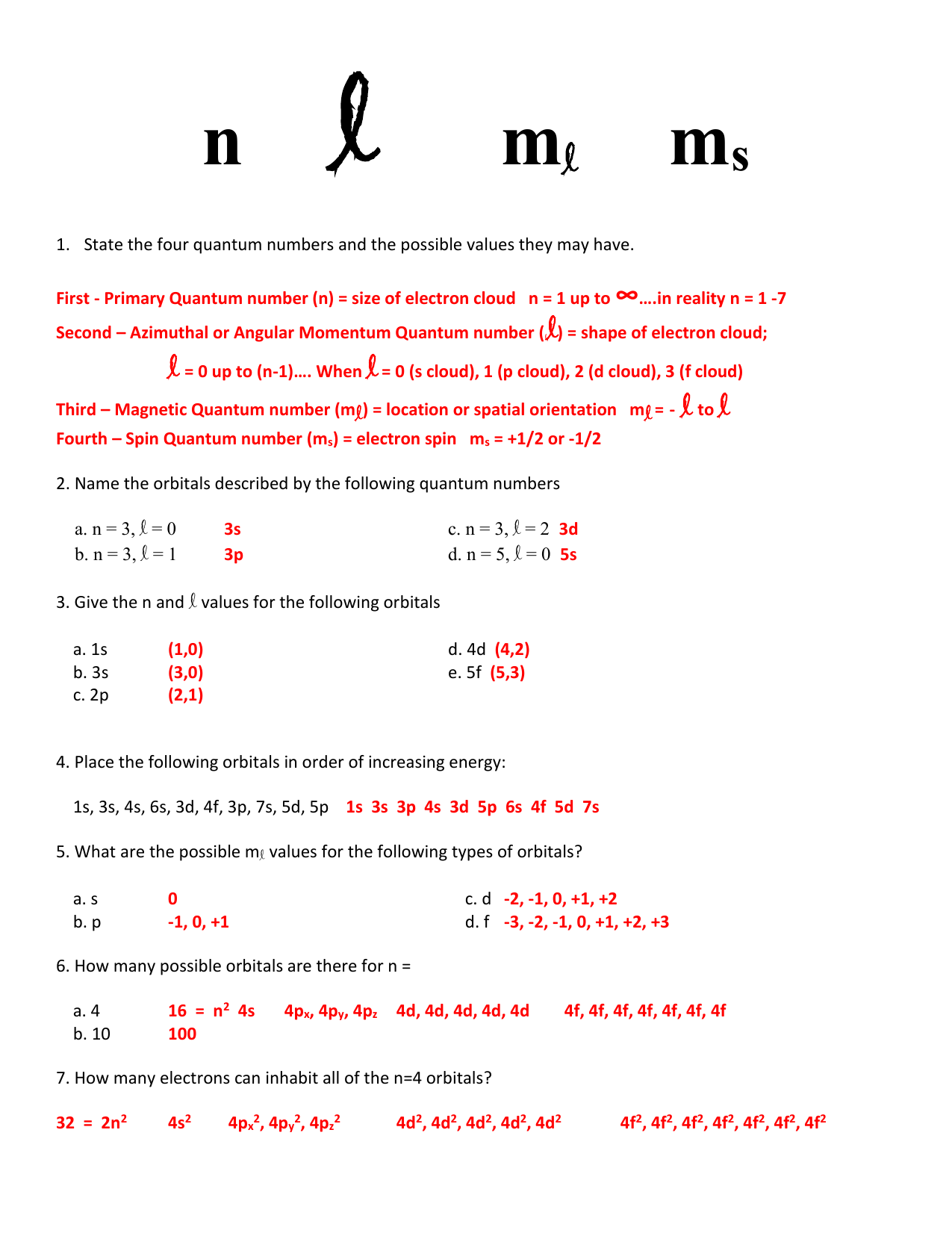 Quantum Numbers Worksheet Answers Educational Worksheet