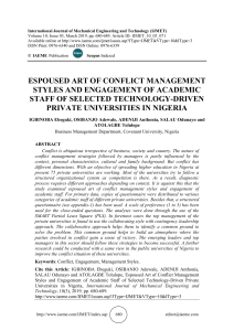 ESPOUSED ART OF CONFLICT MANAGEMENT STYLES AND ENGAGEMENT OF ACADEMIC STAFF OF SELECTED TECHNOLOGY-DRIVEN PRIVATE UNIVERSITIES IN NIGERIA