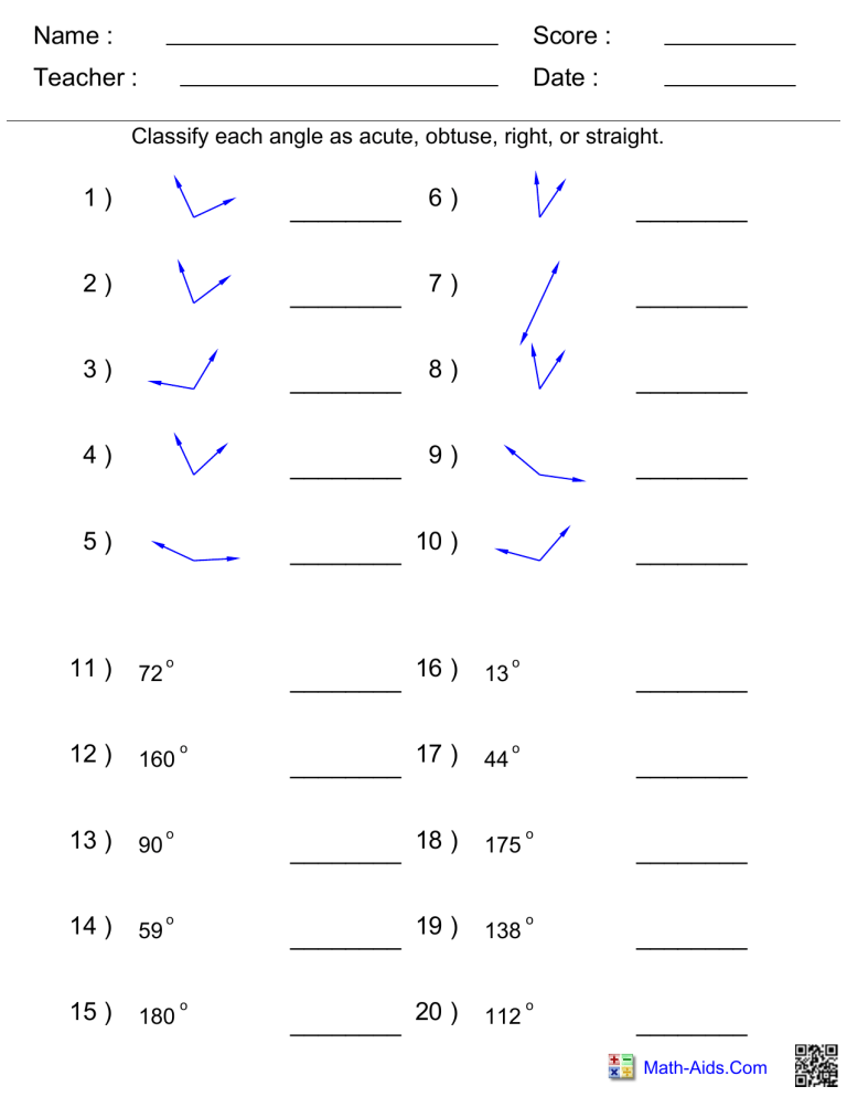 6th grade angles worksheet
