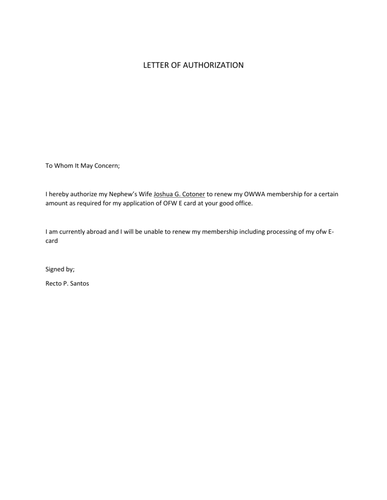 LETTER OF AUTHORIZATION