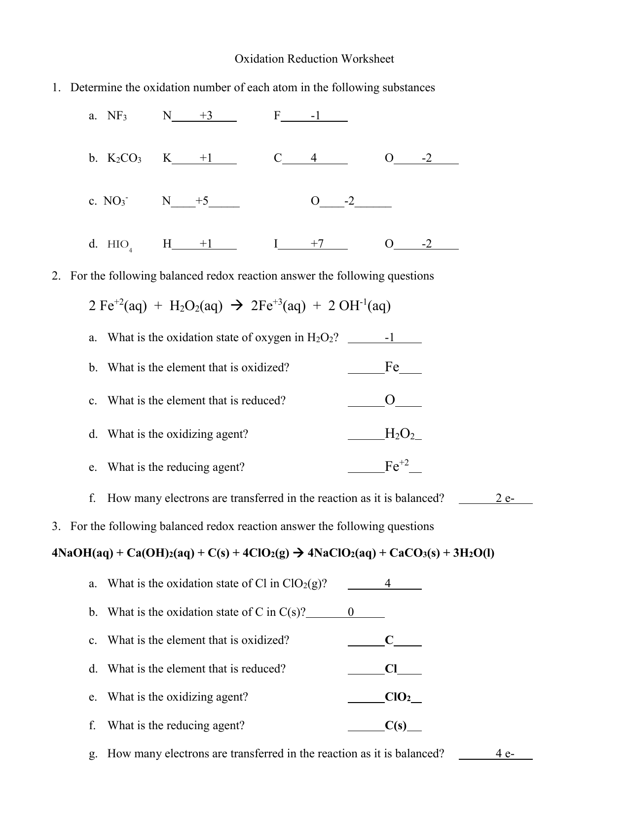 Chem 24-Oxidation-Reduction-Worksheet-key (24) With Regard To Oxidation And Reduction Worksheet