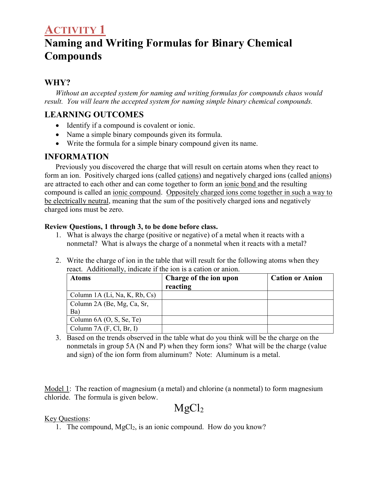 Activity 22 - Naming Chemical Compounds Intended For Simple Binary Ionic Compounds Worksheet