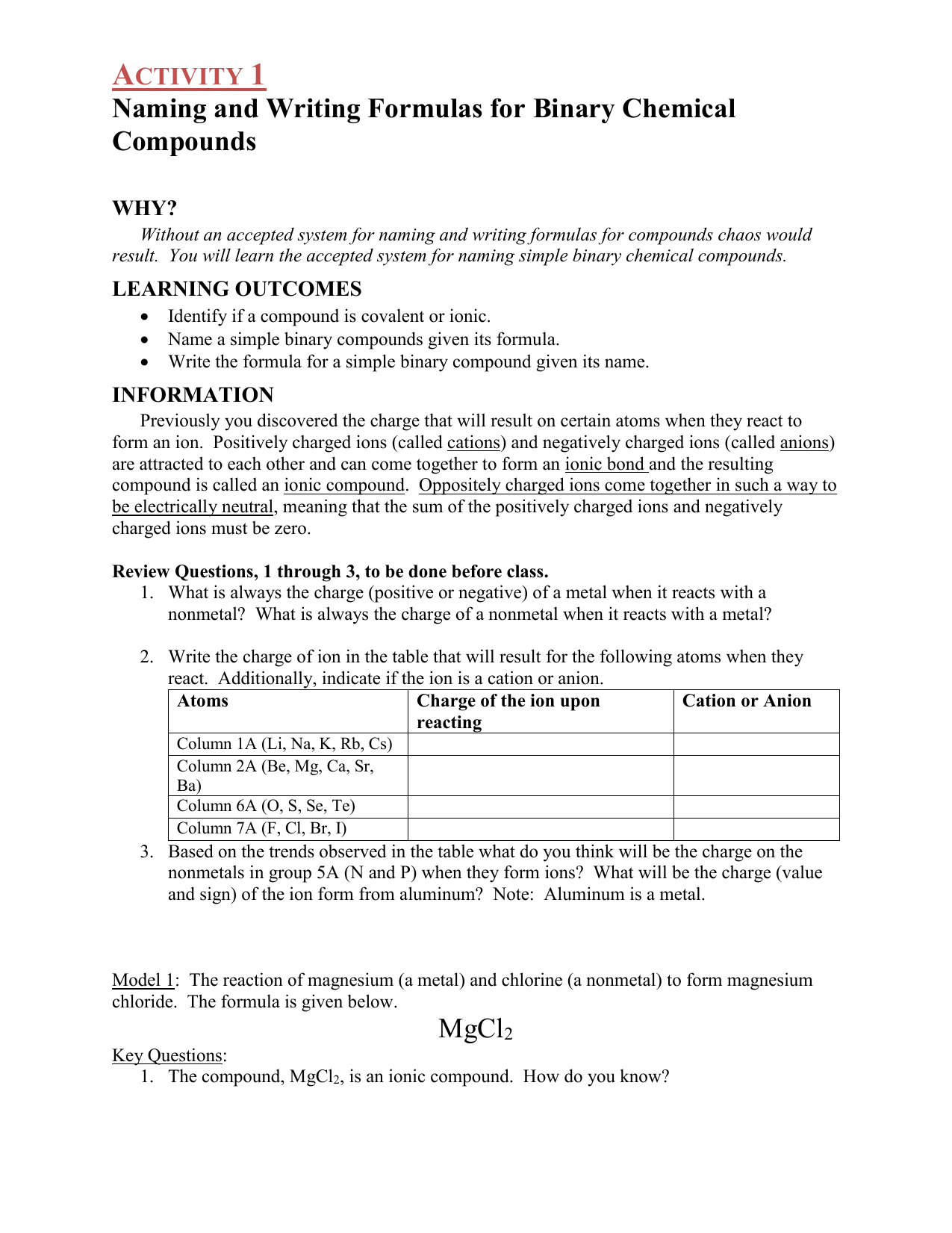 Activity 20 - Naming Chemical Compounds